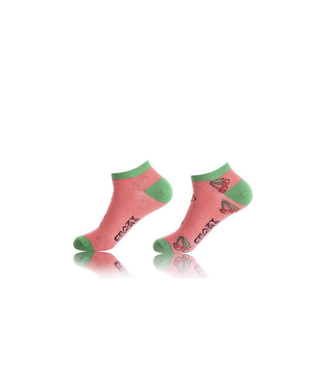 CRAZYSOCKS Lot de 2 paires de Socquettes Femme Coton Bio CERISE Rose Vert-1