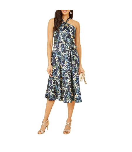 Robe Mi-longue Été Motif/style Fleurs Tropicales Femme Bleu Marine Yumi