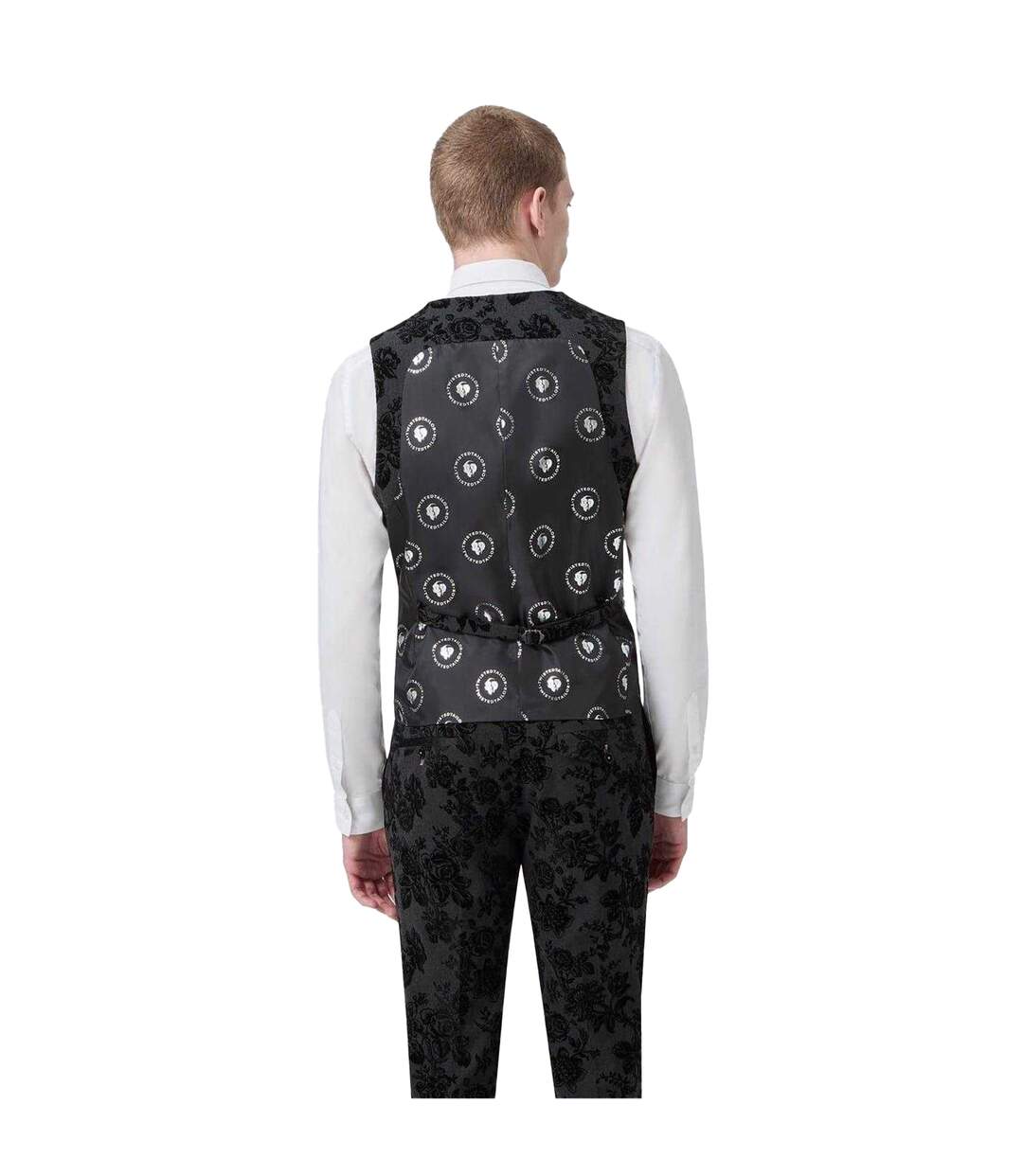 Mens Floral Embroidery Wool Blend Skinny Waistcoat Charcoal Twisted Tailor-3