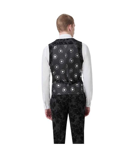 Mens Floral Embroidery Wool Blend Skinny Waistcoat Charcoal Twisted Tailor