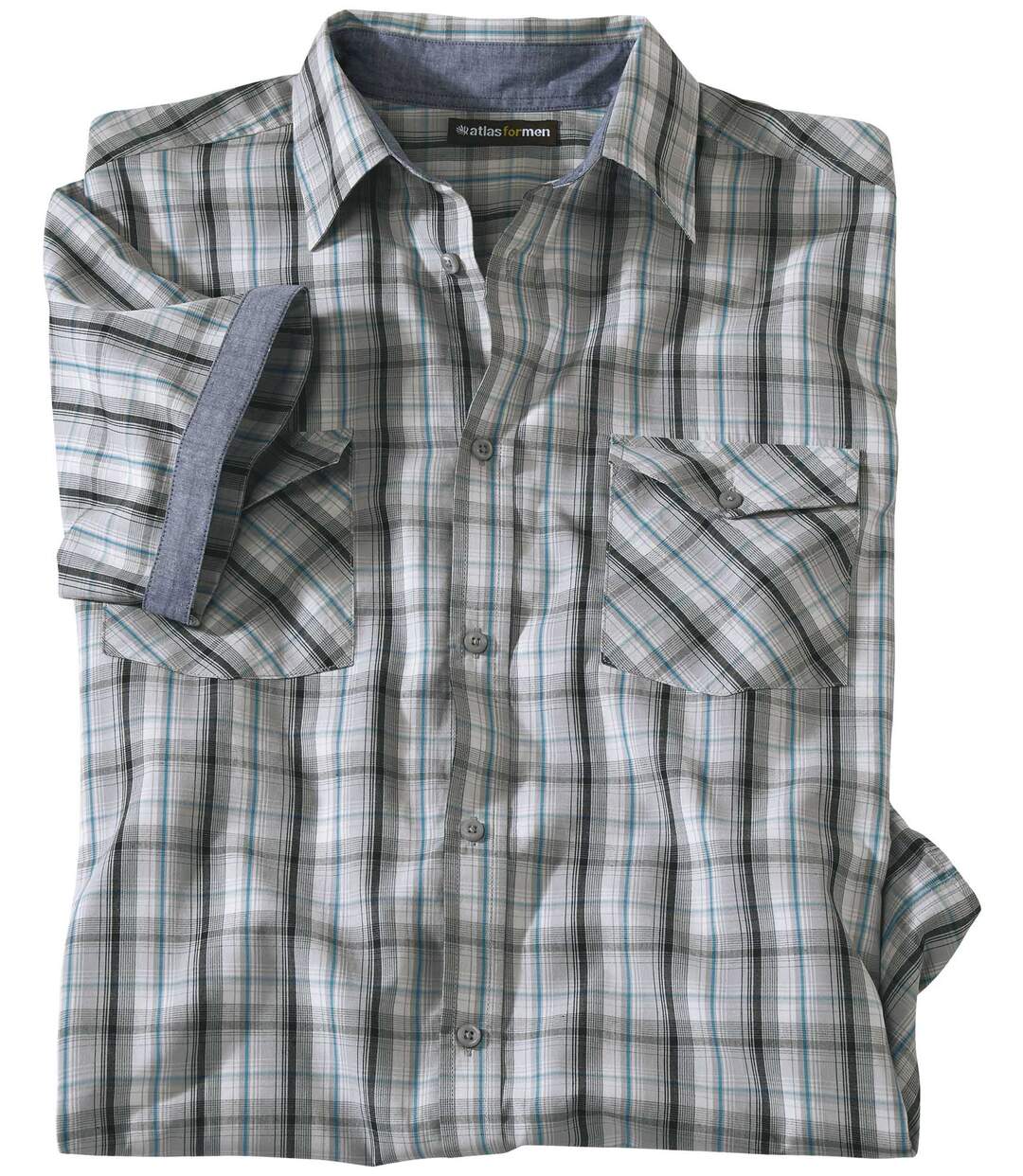 Men's Checked Short-Sleeved Chambray Shirt - Blue Grey Atlas For Men