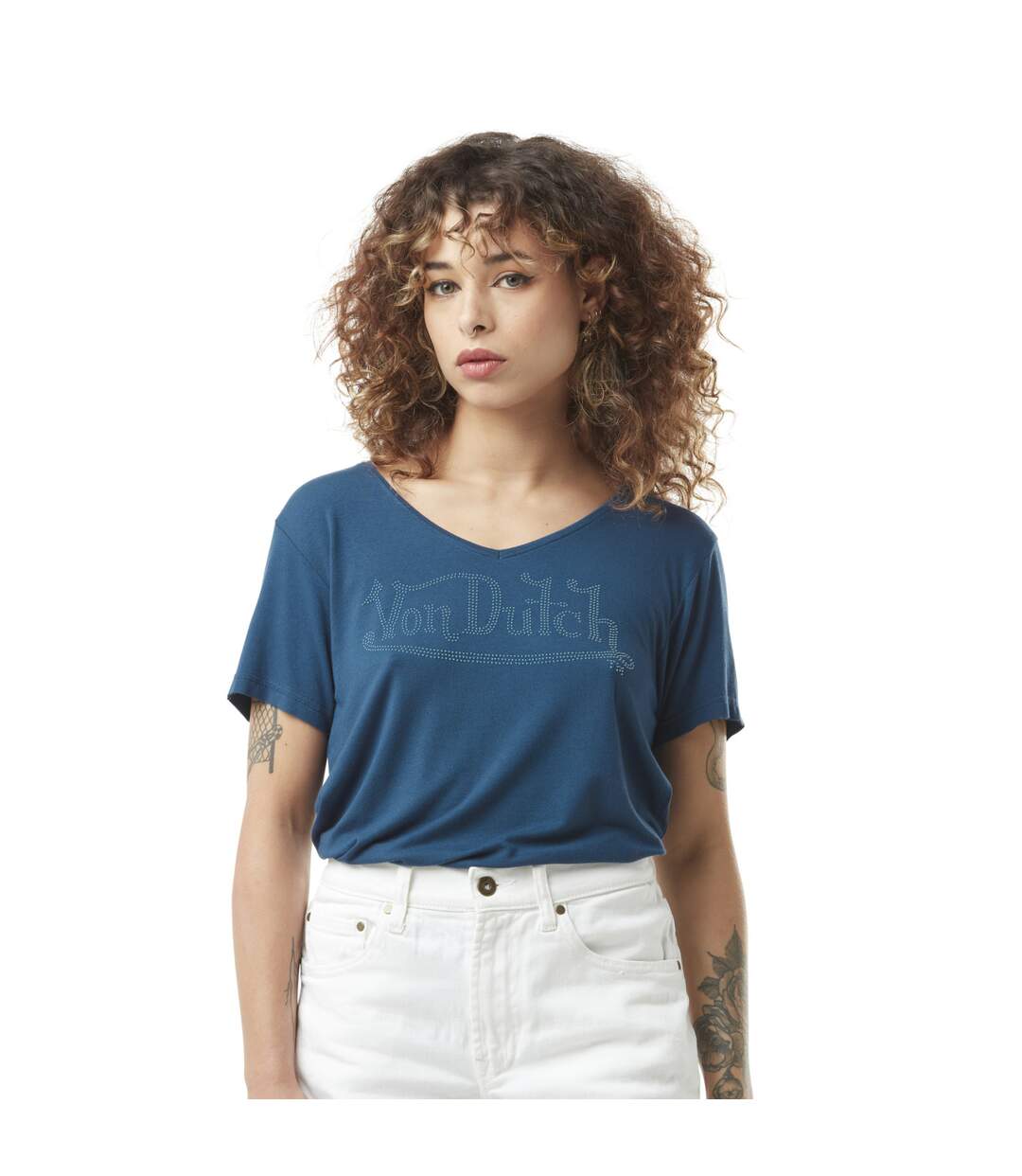 T-shirt femme en col v avec print et strass devant Roan Vondutch