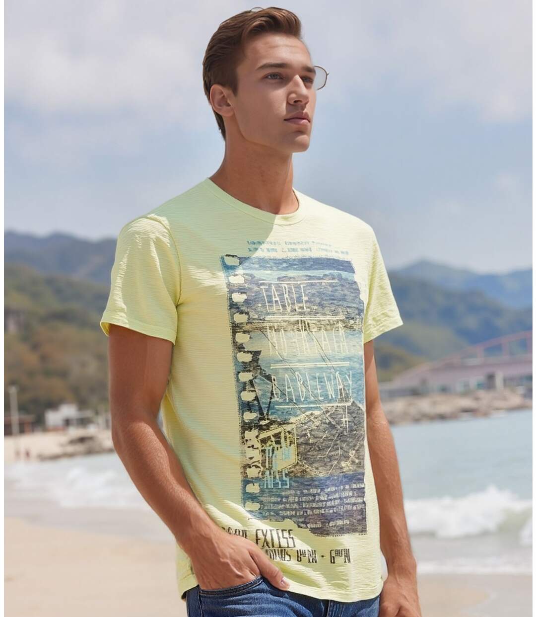 T-shirt homme jaune premium à  col rond en coton imprimé-3