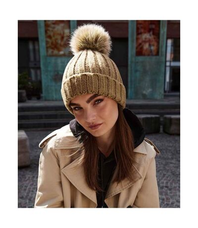 Unisex Fur Pop Pom Chunky Beanie Biscuit Beige Beechfield
