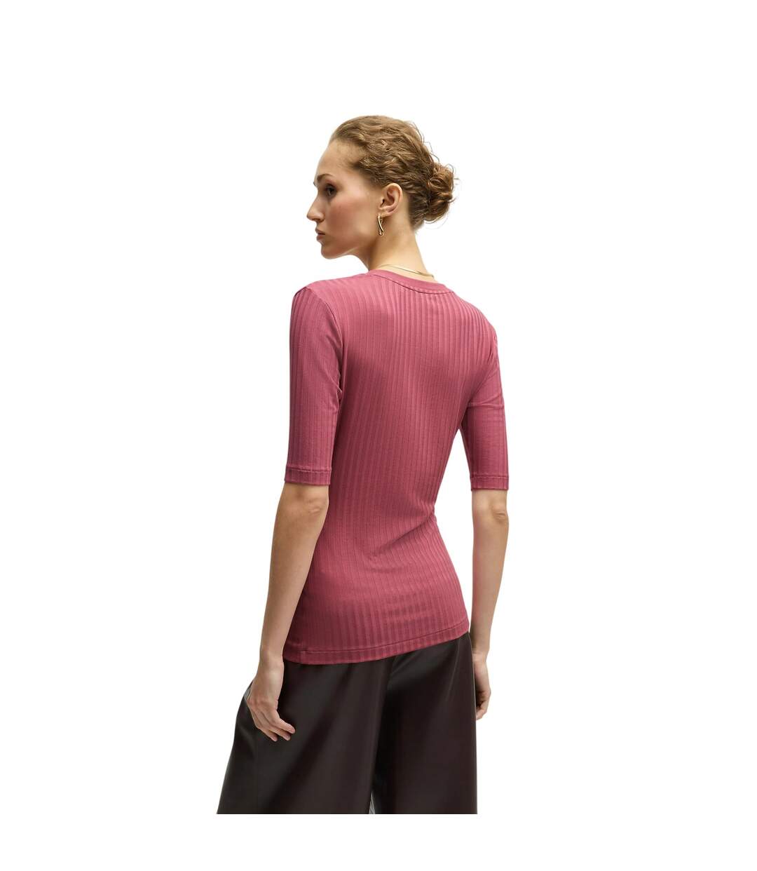 Womens/ladies Effilie Ribbed T-shirt Red Boss-3