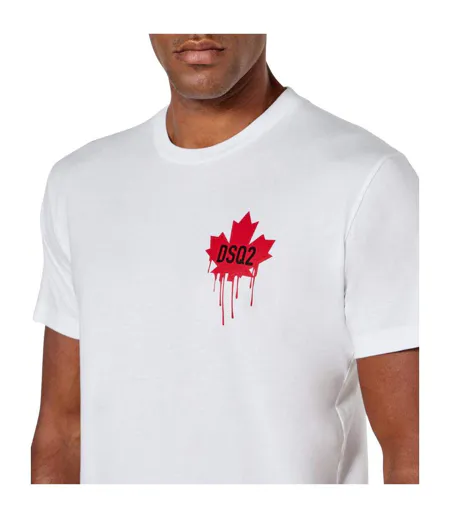 Mens Dripping Maple Leaf Cotton T-shirt Blanc DSquared2