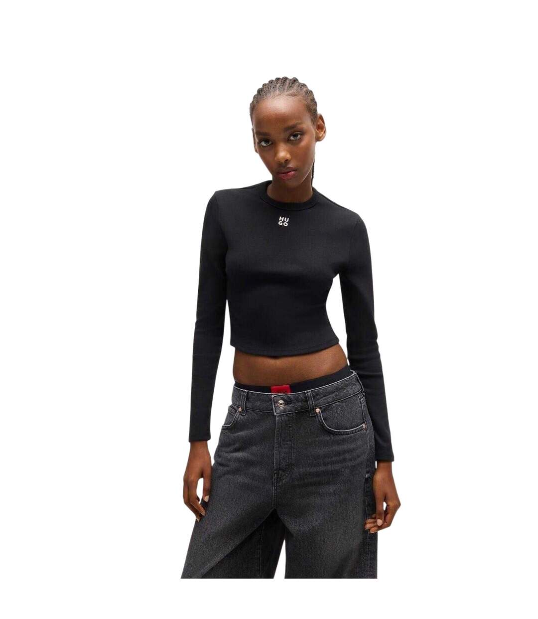 Womens/ladies Stacked Logo Slim Long-sleeved Crop Top Black Hugo-1