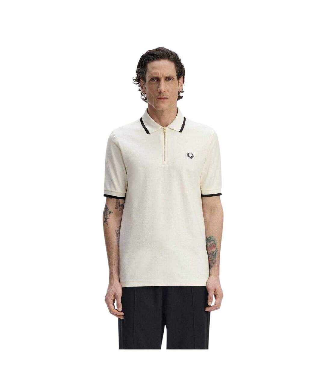 Mens Zip Neck Polo Shirt Ecru Fred Perry-1