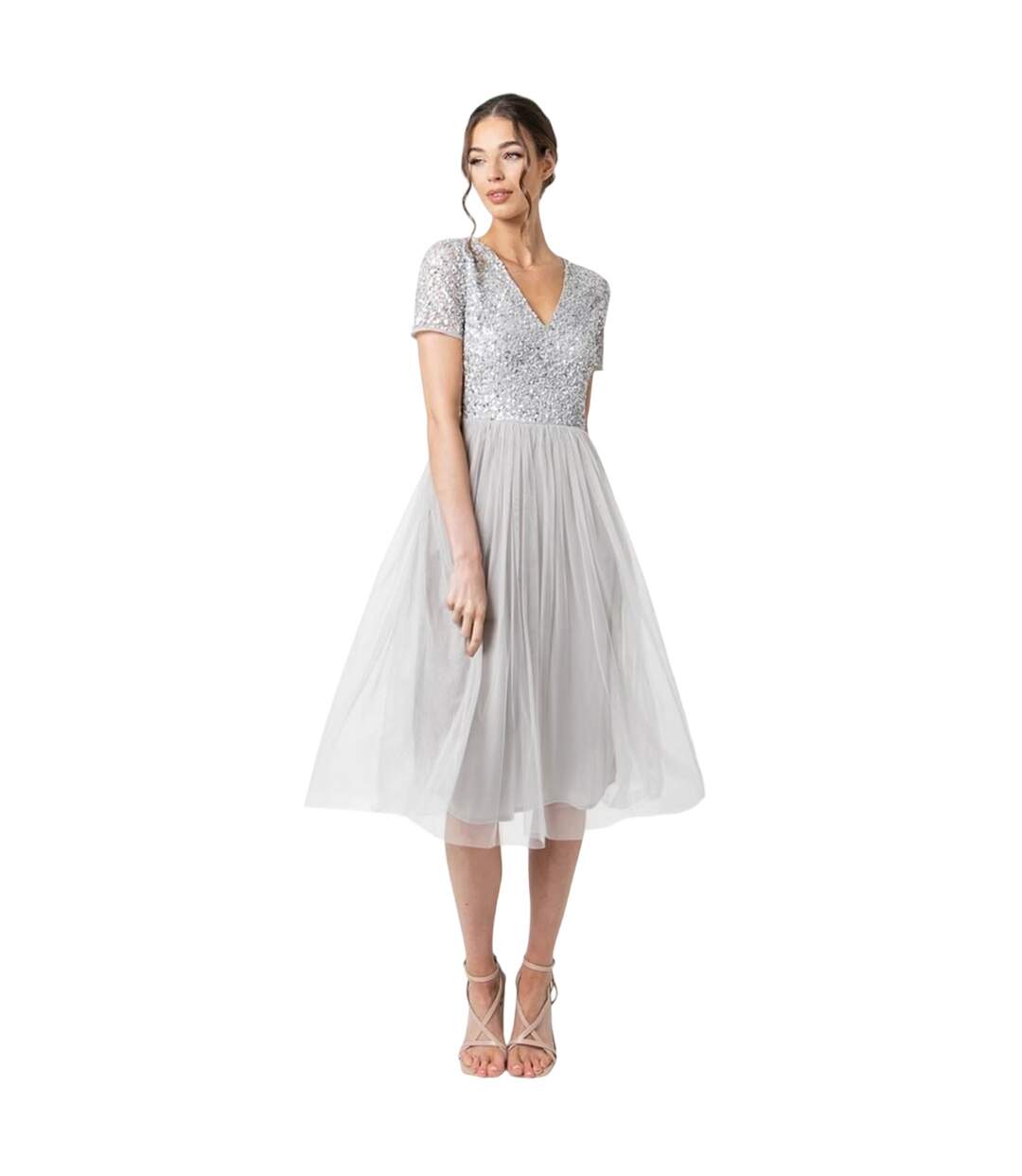 Robe Mi-longue Manches Courtes Femme Gris Clair Maya Deluxe-1
