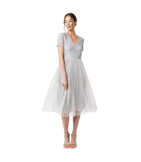 Robe Mi-longue Manches Courtes Femme Gris Clair Maya Deluxe
