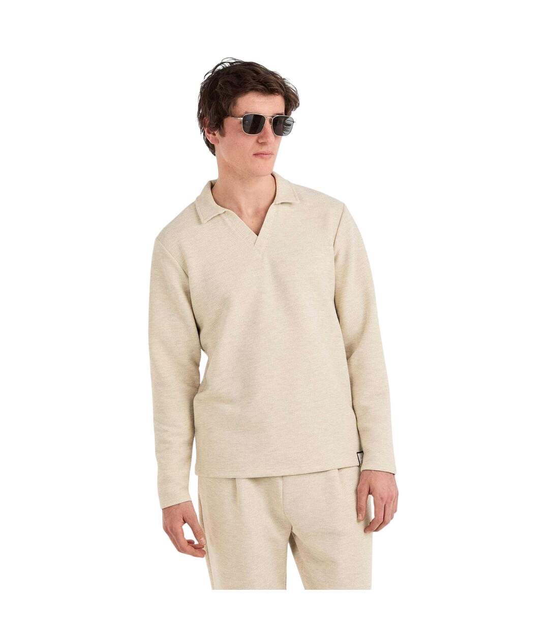 Mens Altius Waffle Long-sleeved Polo Shirt Ecru Prevu-4