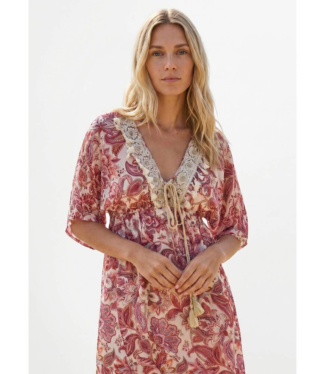 Robe de plage imprimée, encolure brodée-3