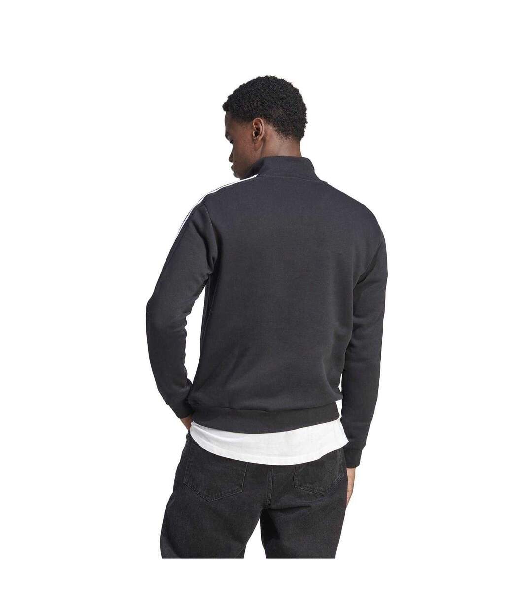 Mens 3 Stripes Quarter Zip Long-sleeved Sweatshirt Black White Adidas-1
