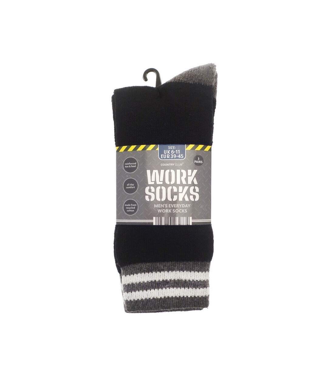 Pack Of 3  Mens Recycled Cotton Work Socks  Black Grey Ribbon-2