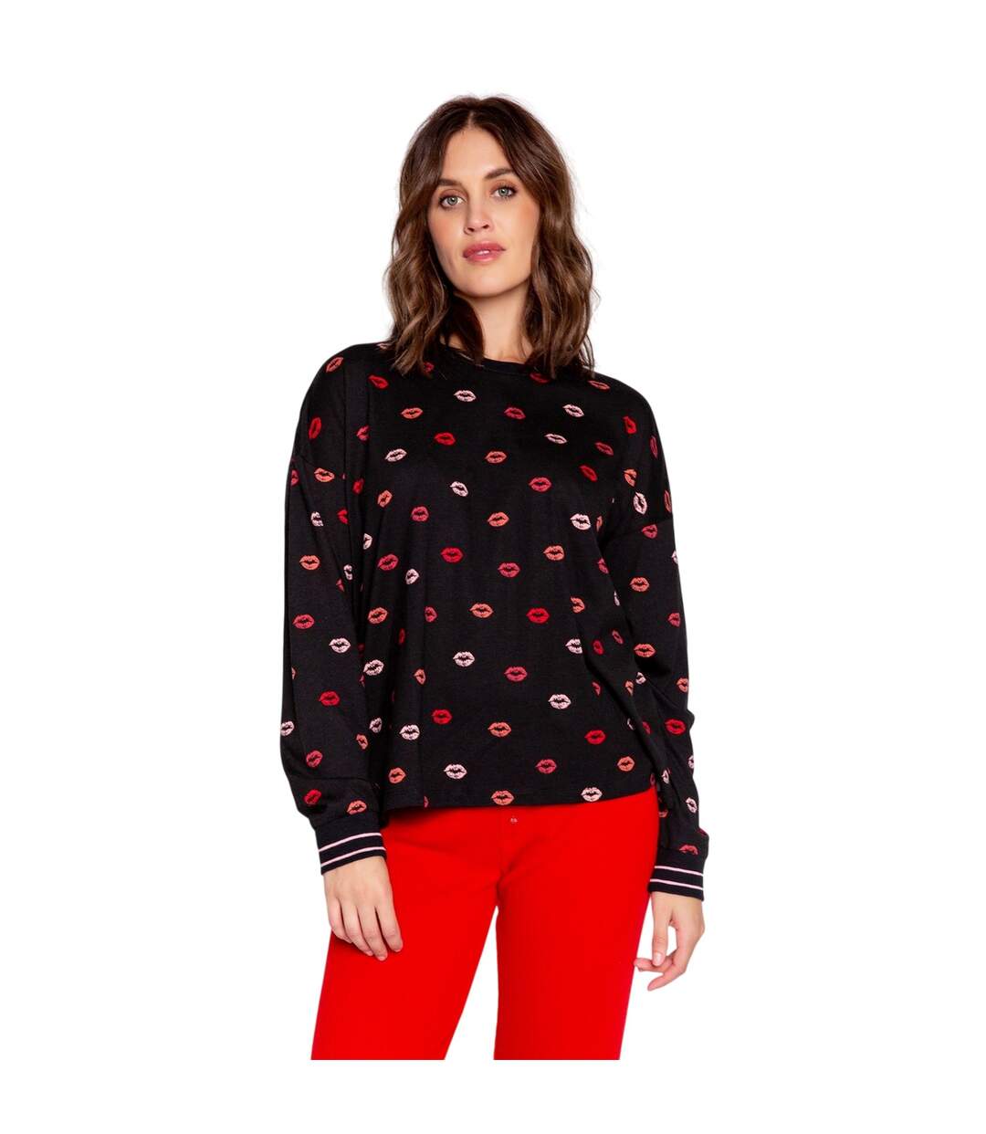 Womens/ladies Lippy Long-sleeved Pyjama Top Black Red Pink PJ Salvage-2
