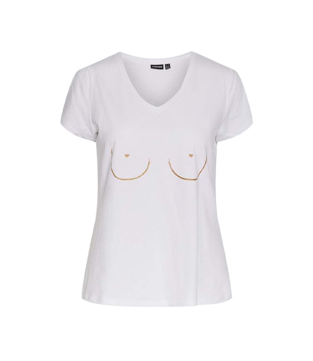 T-shirt Blanc/Doré Femme Pieces Merima - L