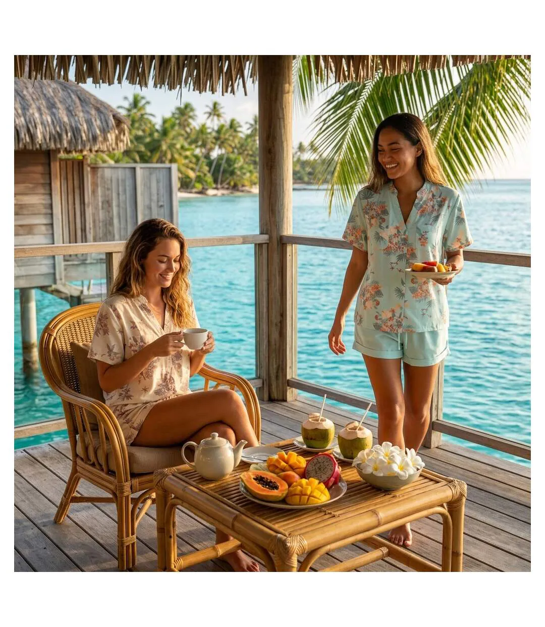 OZABI Pack 2 Pyjamas Courts Femme, Imprimé Tropical Col V Mao Short Fluide-5