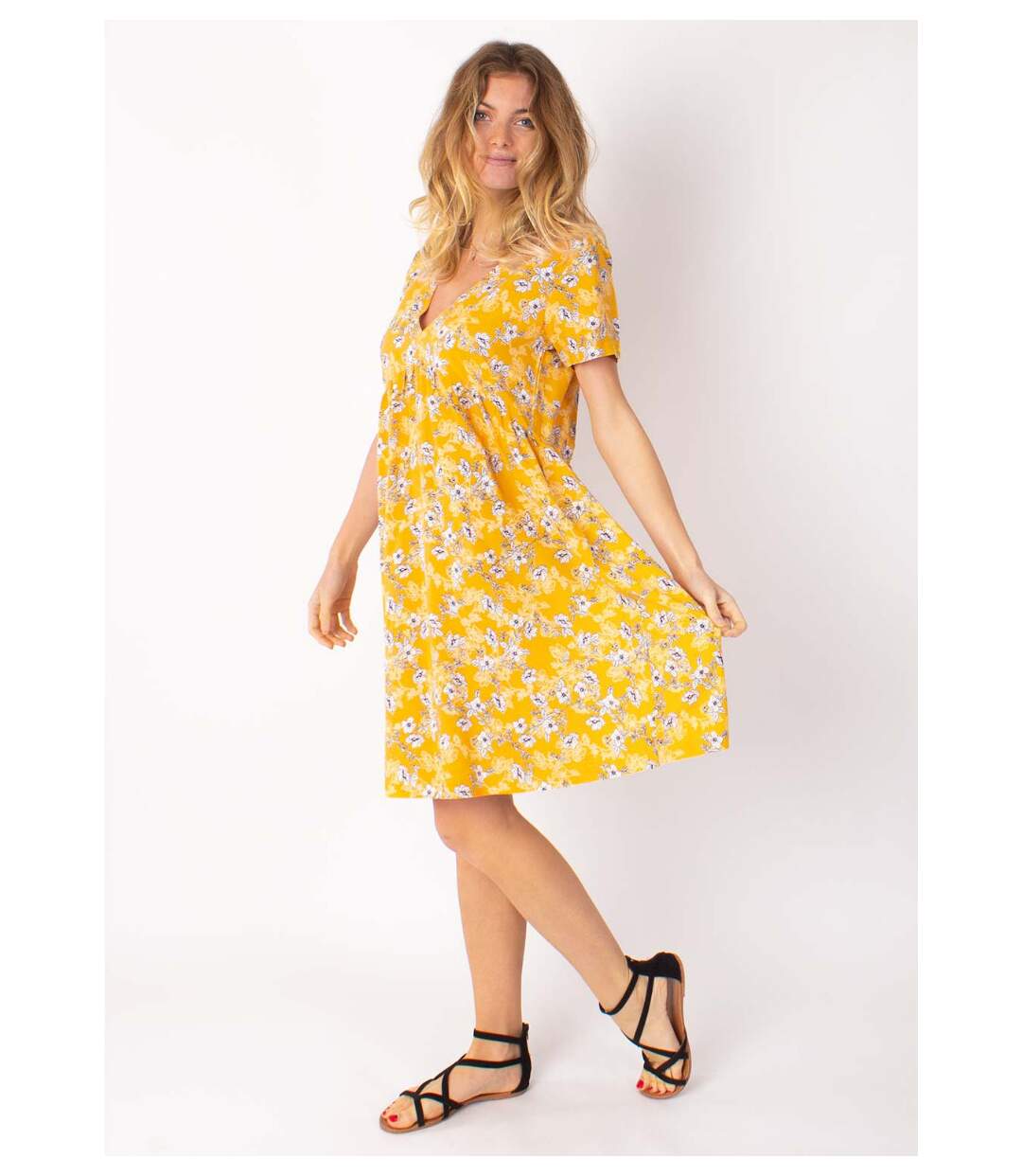 Robe babydoll manches courtes DINA imprimé fleuri jaune Coton Du Monde