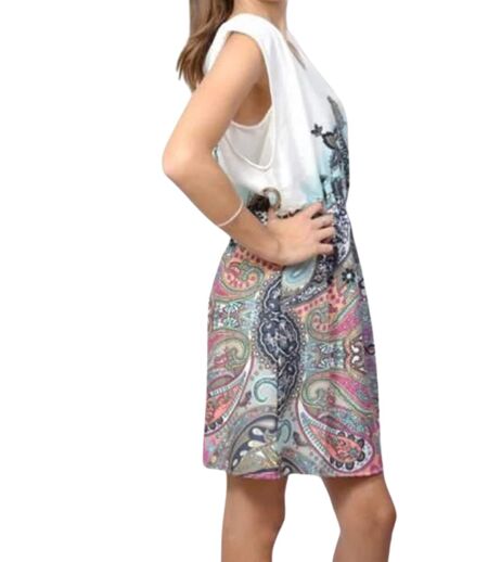 Robe d'été sans manches à  imprimé floral - Col V et ceinture assortie