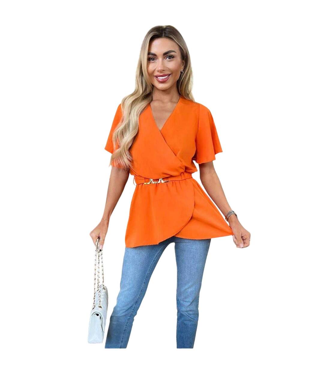 Haut Portefeuille Manches Volantées Femme Orange Ax-4