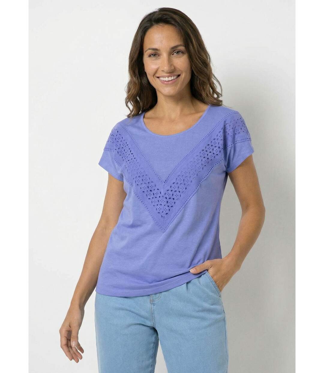 T-shirt uni col rond dentelle manches kimono-1