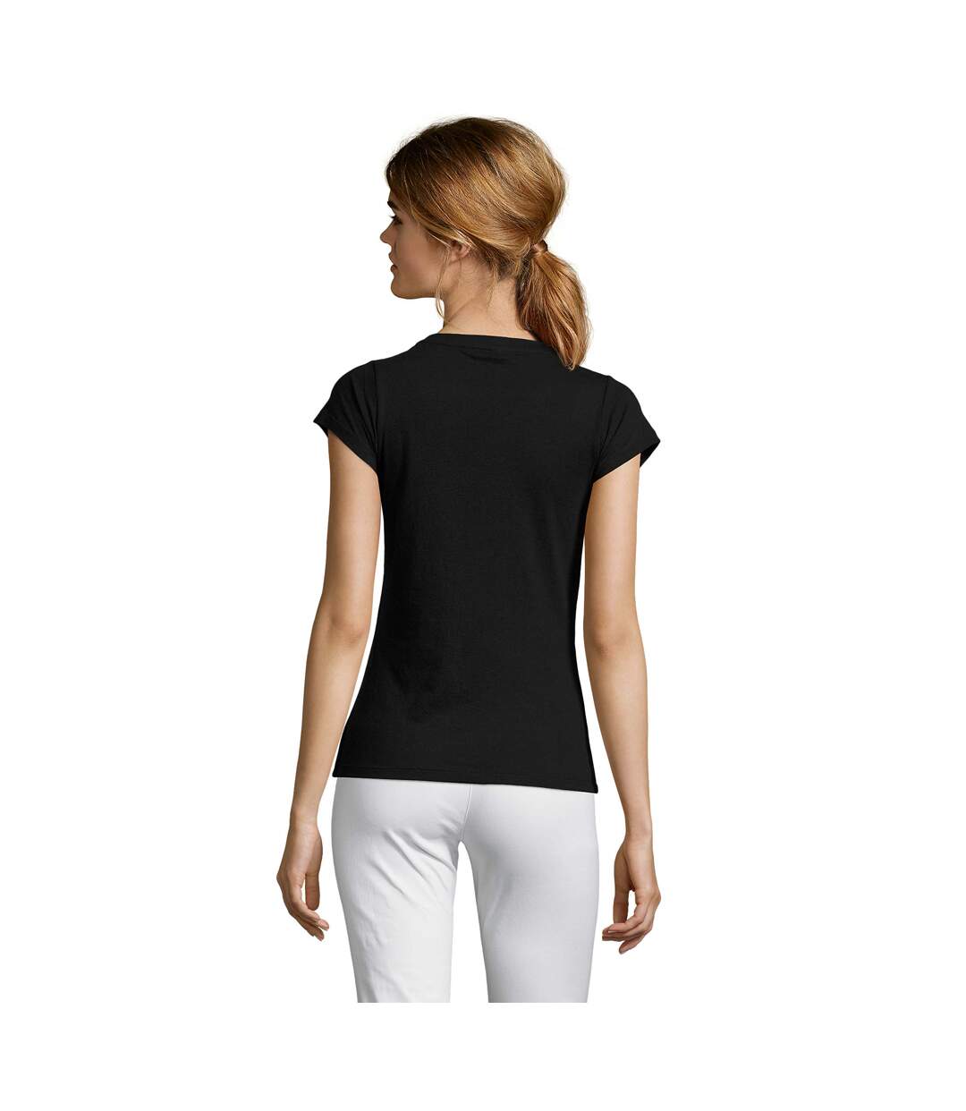 Womens/ladies Moon V Neck T-shirt Deep Black SOLS-3