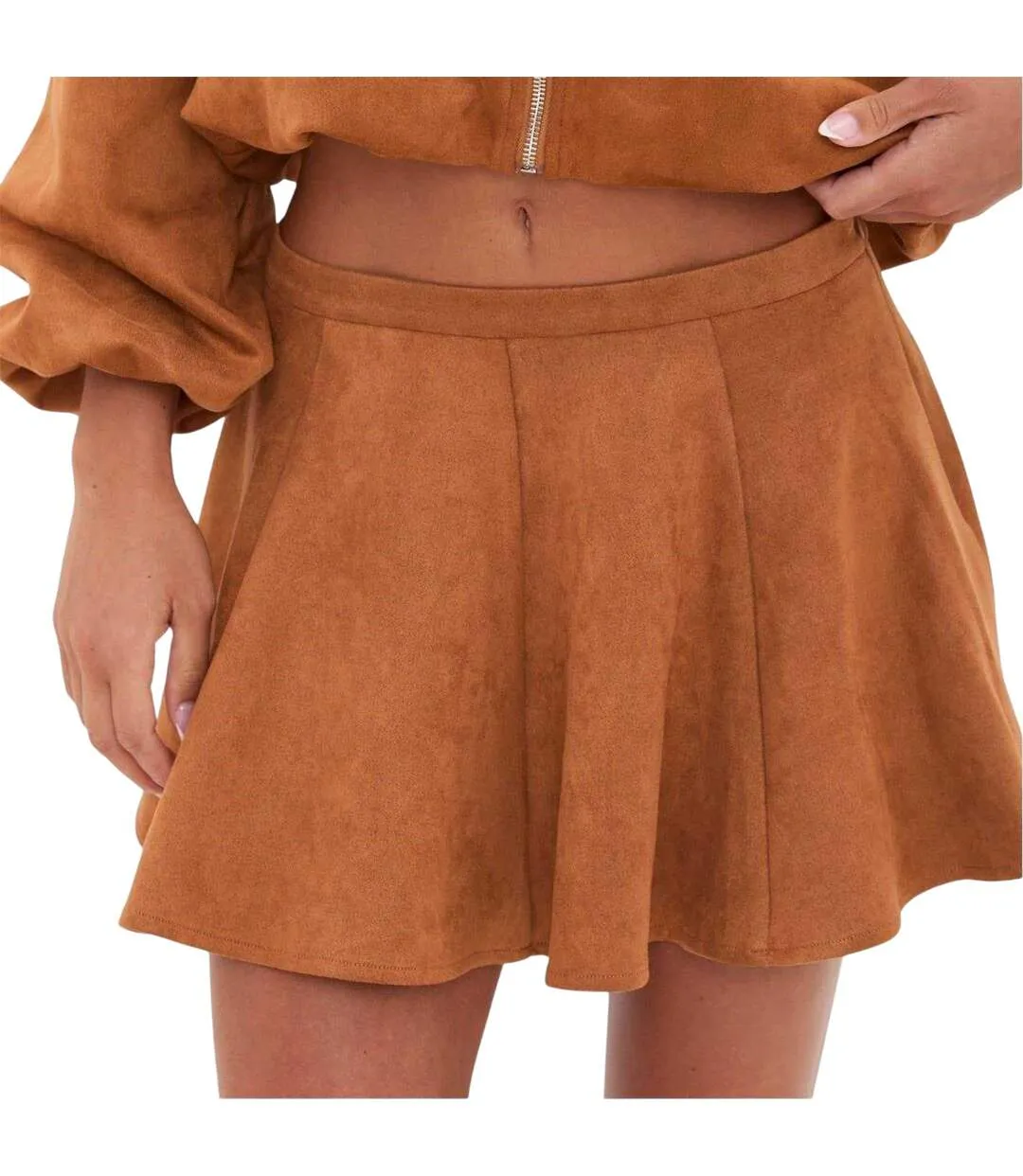 Womens/ladies Faux Suede Pleated Skater Skirt Tan I Saw It First-1