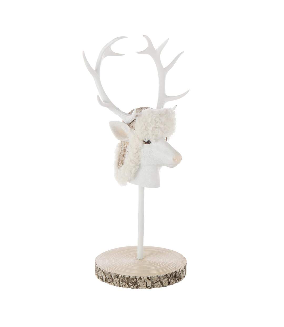 Tête de Cerf sur Socle Imitation Fourrure 52cm Écru-1
