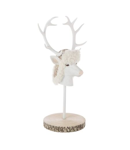 Tête de Cerf sur Socle Imitation Fourrure 52cm Écru