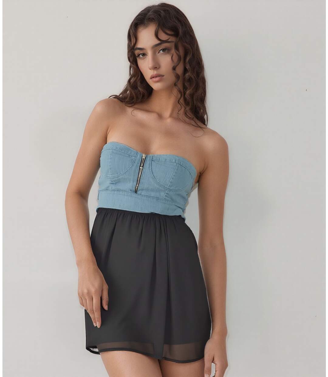 Tunique Bustier Femme en Polyester Noir avec Zip et Détails Plissés-4