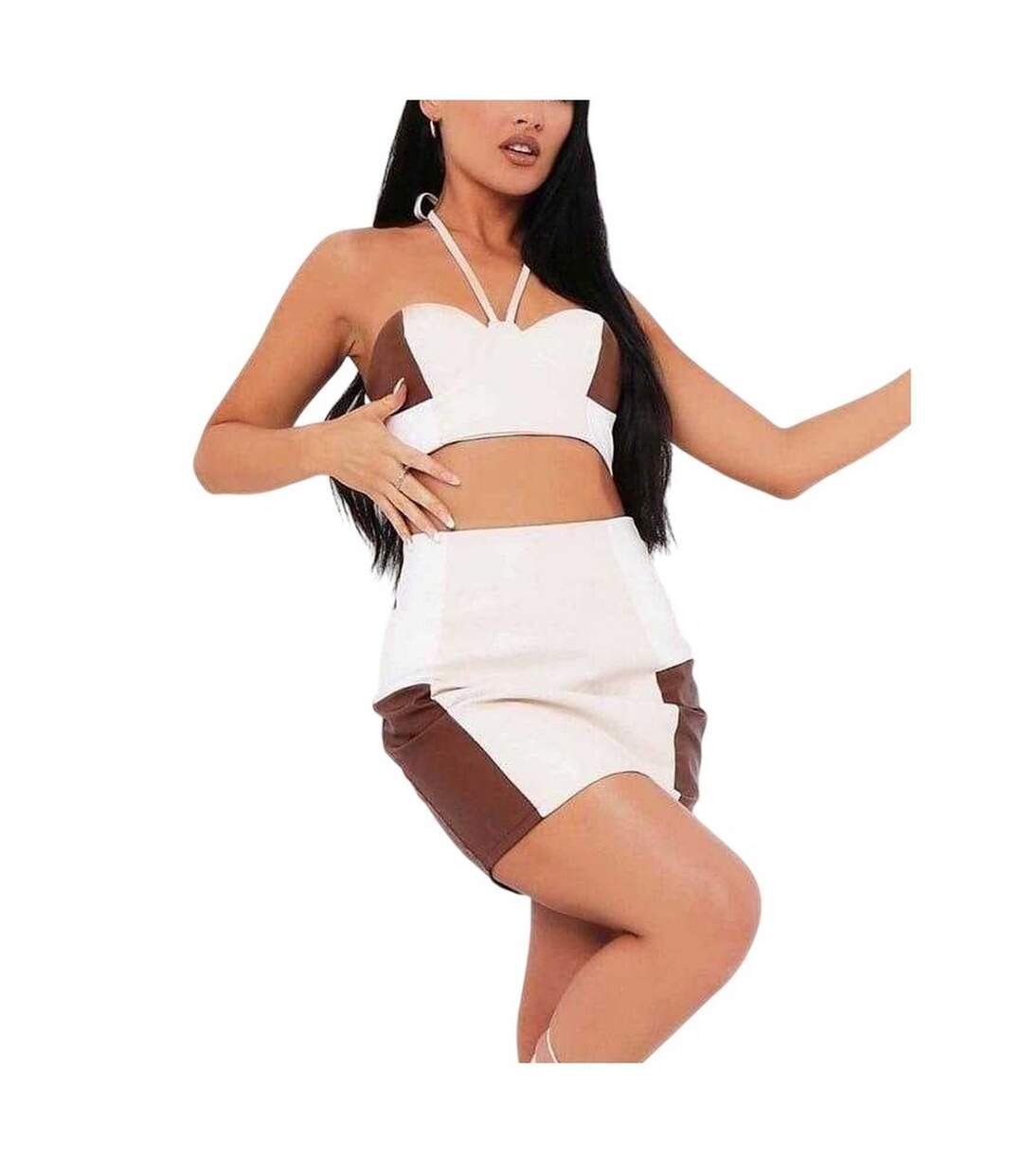 Womens/ladies Colour Block Halter Neck Bralette Beige Missy Empire-3