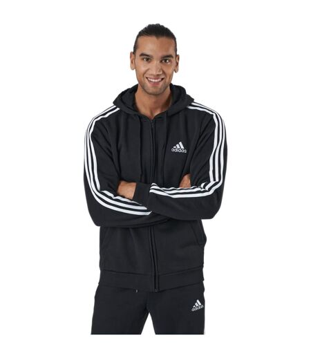 Mens Essentials 3 Stripes Fleece Full Zip Hoodie Black Adidas