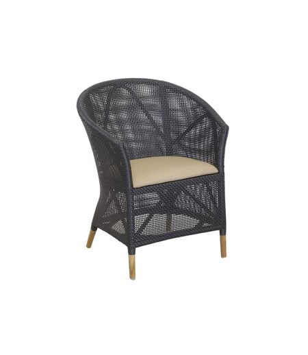 Fauteuil en résine noire et teck + coussin extérieur