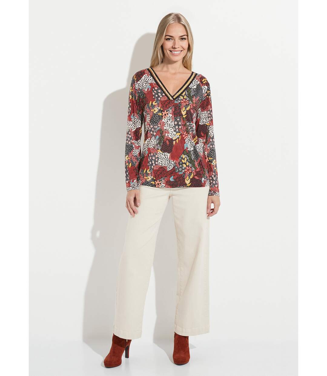 T-shirt long ample imprimé col V manches longues-3