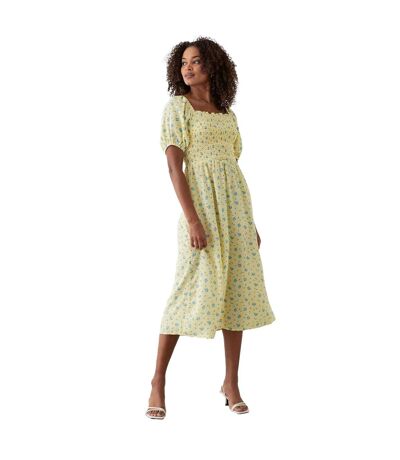 Womens/ladies Ditsy Print Shirred Midi Dress Yellow Dorothy Perkins