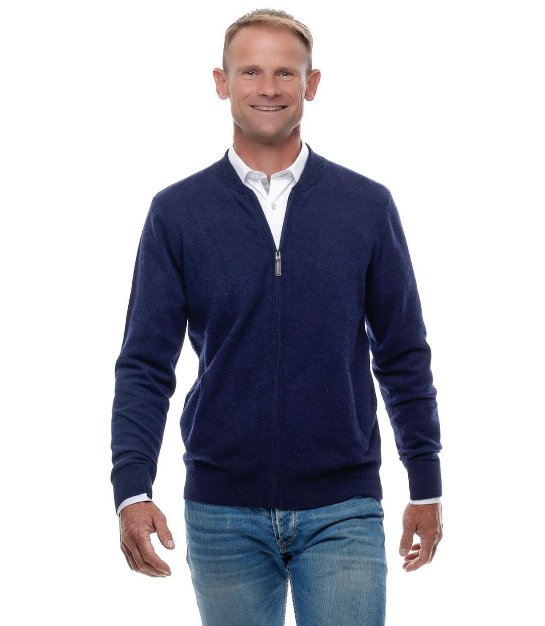 Gilet Zippé Col Teddy 100% Cachemire Bleu