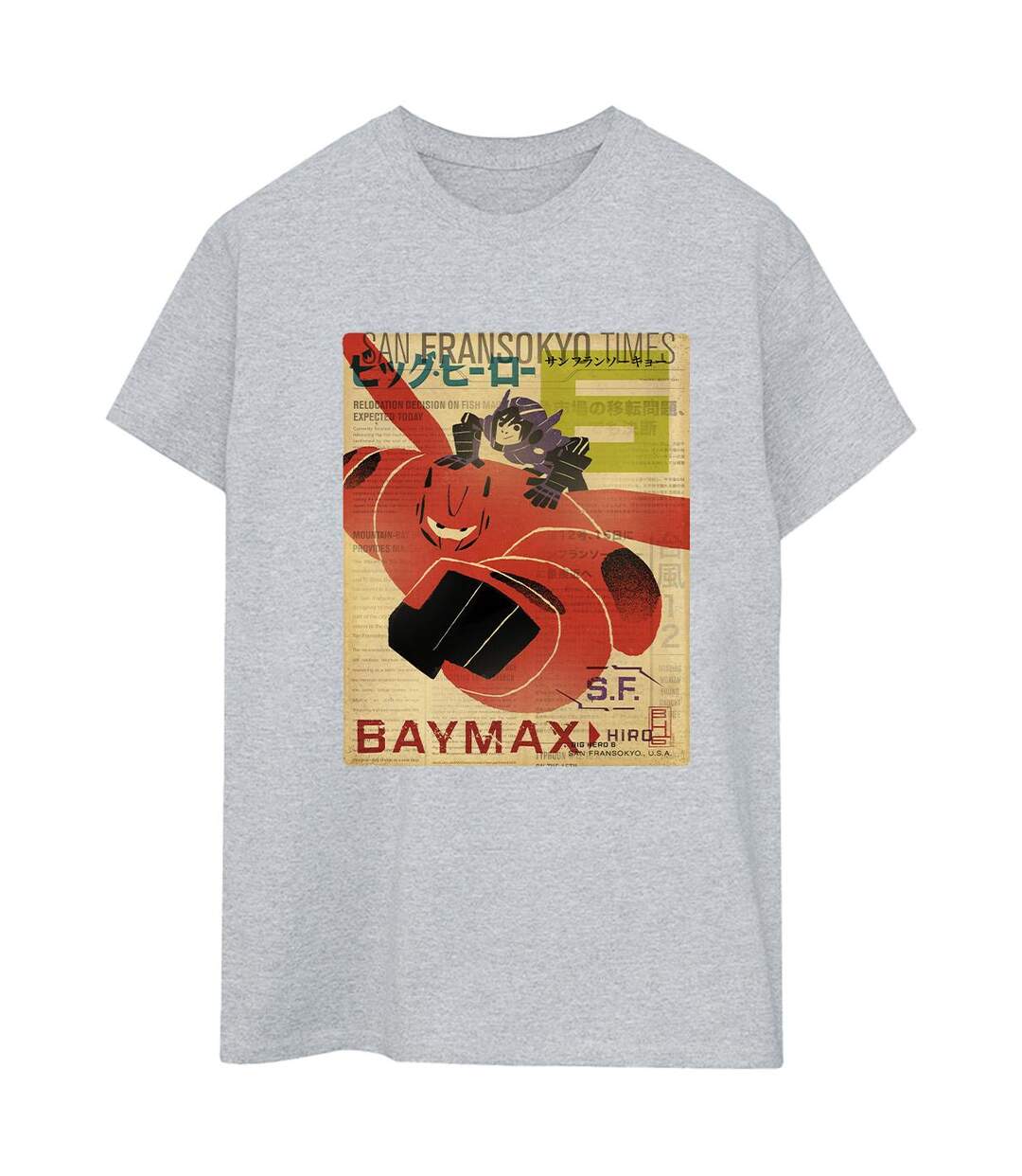 Disney Femme/Ladies Big Hero 6 Baymax Flying Baymax Newspaper Cotton Boyfriend T-Shirt (Gris sportif) - UTBI15472-1