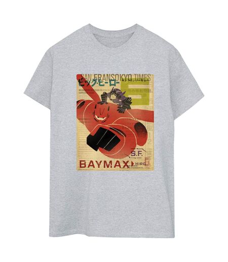 Disney Femme/Ladies Big Hero 6 Baymax Flying Baymax Newspaper Cotton Boyfriend T-Shirt (Gris sportif) - UTBI15472
