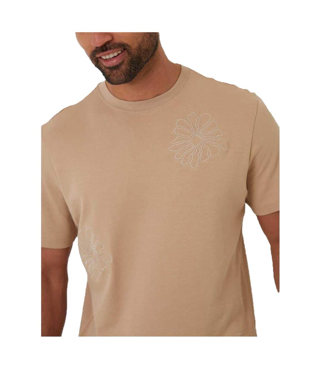 T-shirt Motif/style Fleur Brodée Homme Beige Gris Threadbare-3