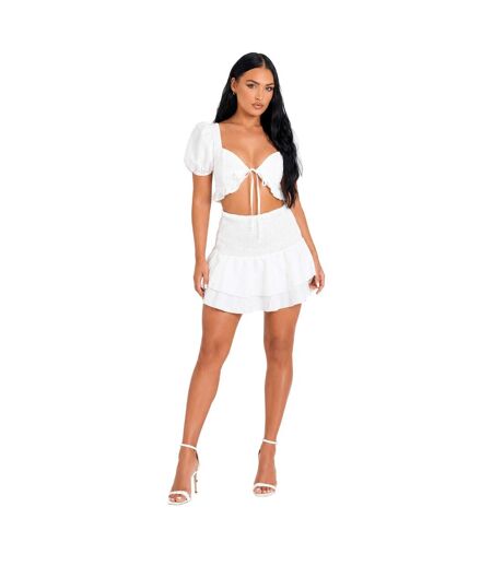 Womens/ladies Shirred Back Puff Sleeve Crop Top White Missy Empire