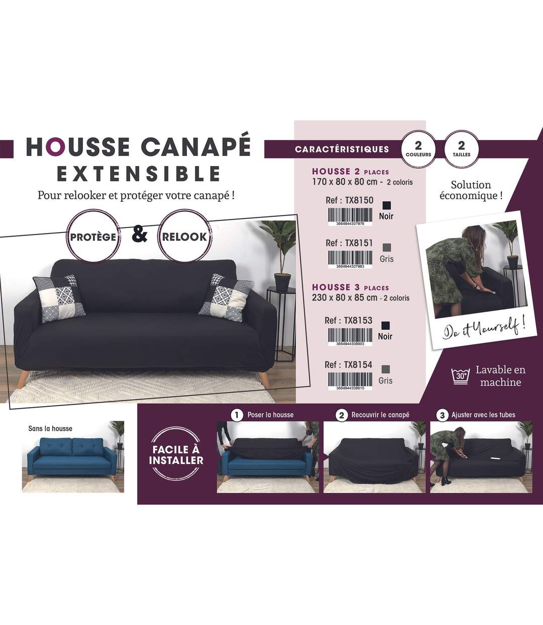 Housse extensible pour canapé 3 places-3