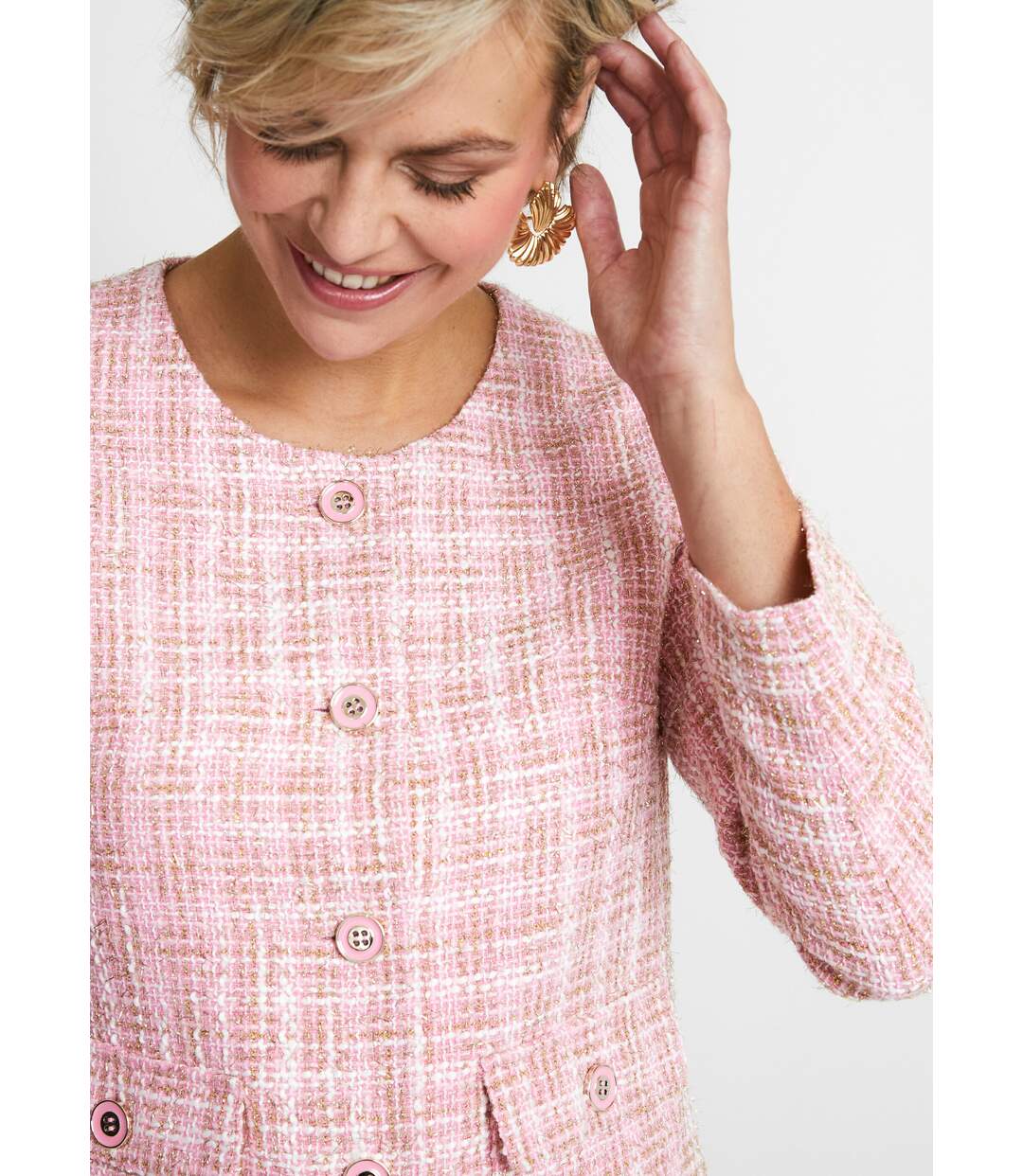 Veste courte sans col tissu effet tweed-5