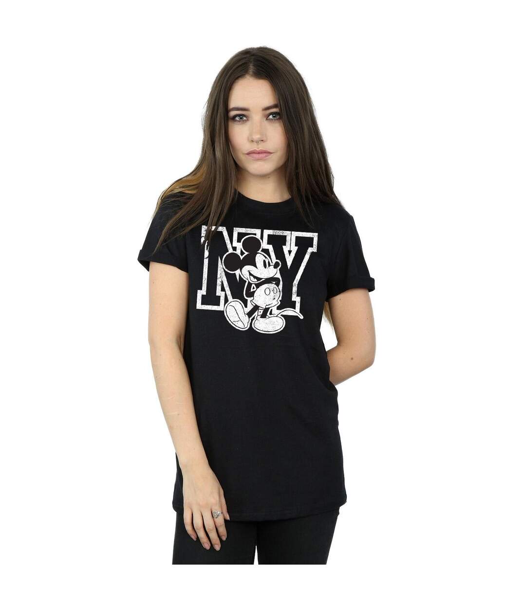 Disney Womens/Ladies Mickey Mouse NY Kicking Cotton Boyfriend T-Shirt (Noir) - UTBI35948-2