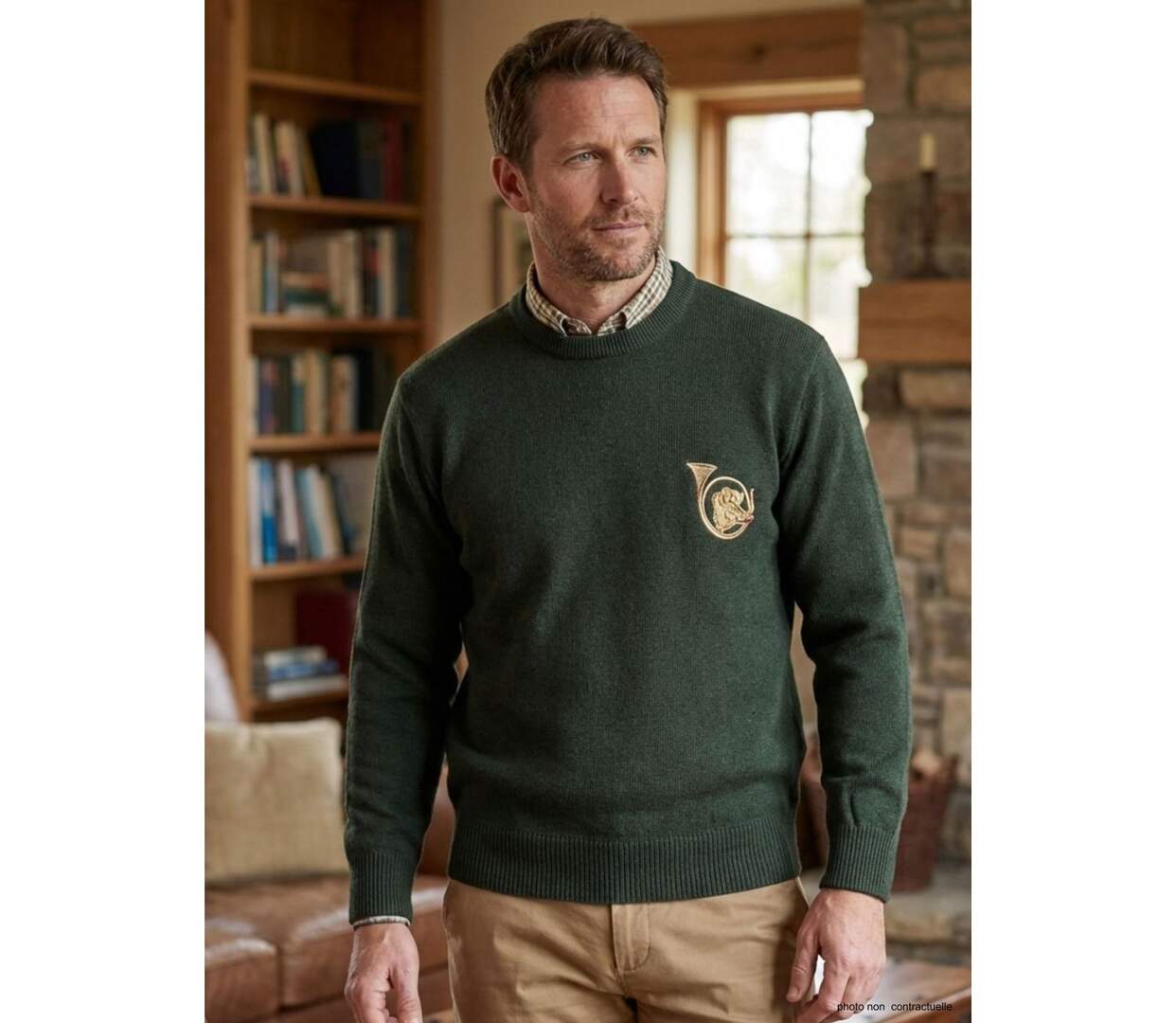 Pull Ras du Cou Homme Ledertys Kaki avec Broderie Sanglier-1