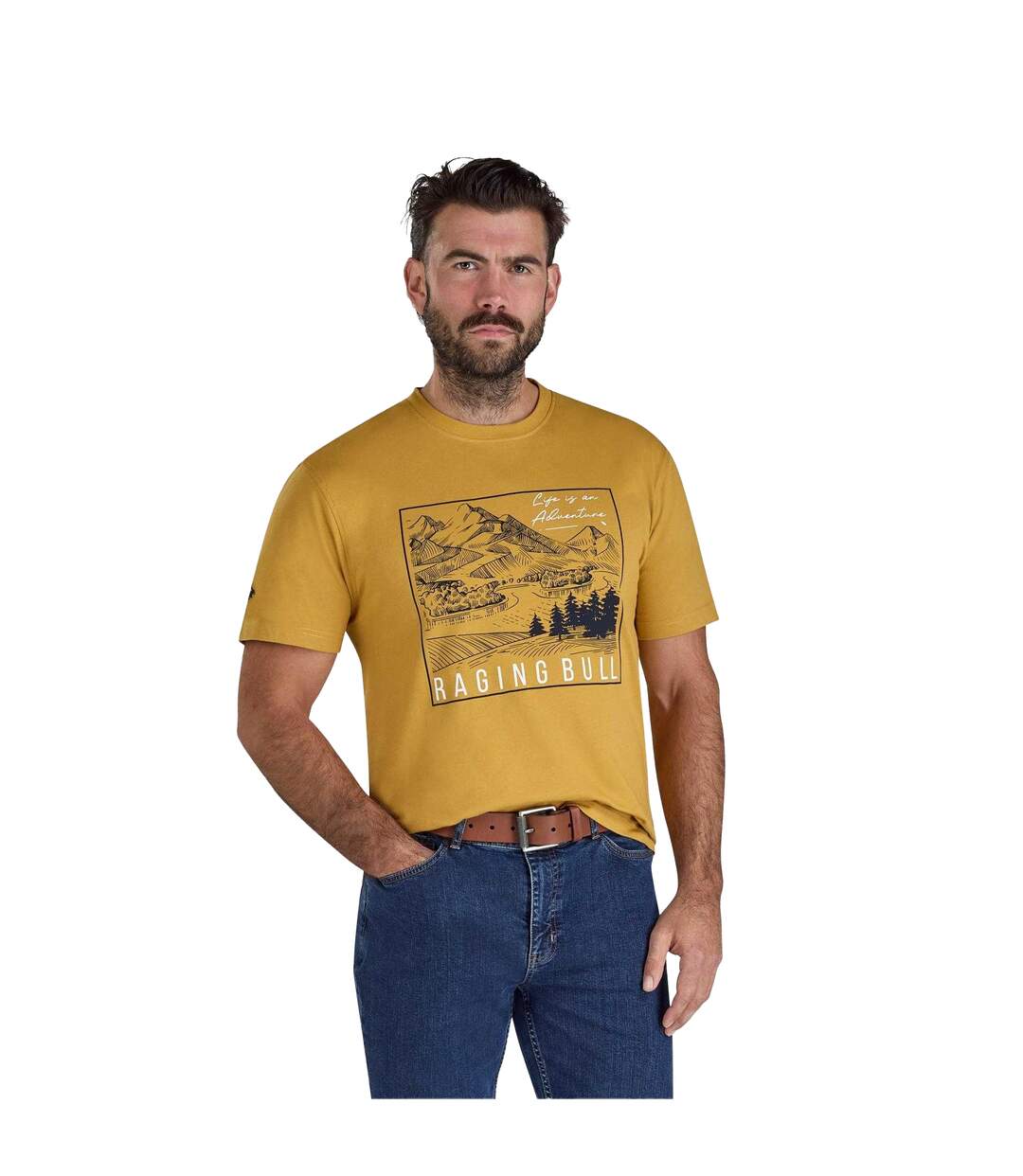 Mens Life Is An Adventure Mountain T-shirt Mustard Raging Bull-2