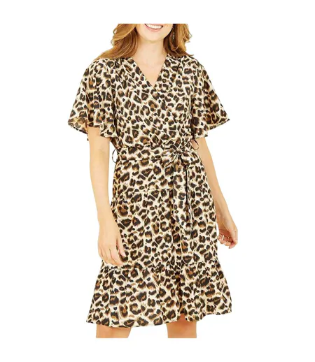 Womens/ladies Leopard Print V Neck Skater Dress Brown Mela London