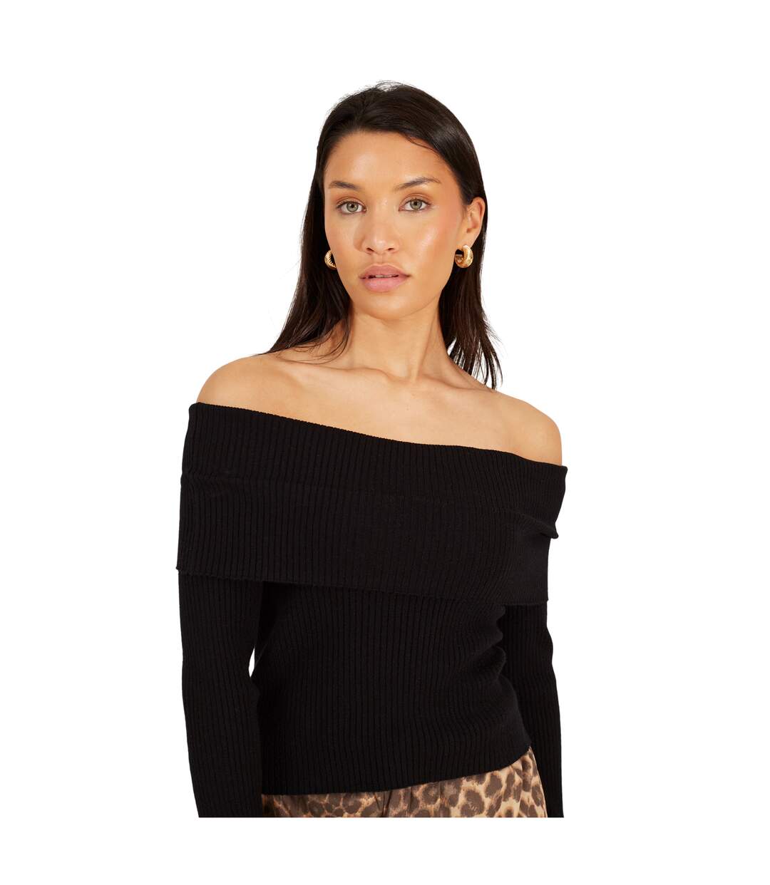 Womens/ladies Ribbed Bardot Jumper Black Brave Soul-4