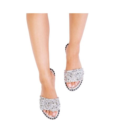 Womens/ladies Poppy Sparkle Diamante Wide Flat Sliders Silver Where´s That From