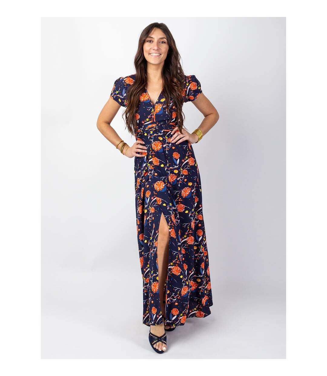 Robe longue fluide MARBELLA imprimé fleuri marine Coton Du Monde