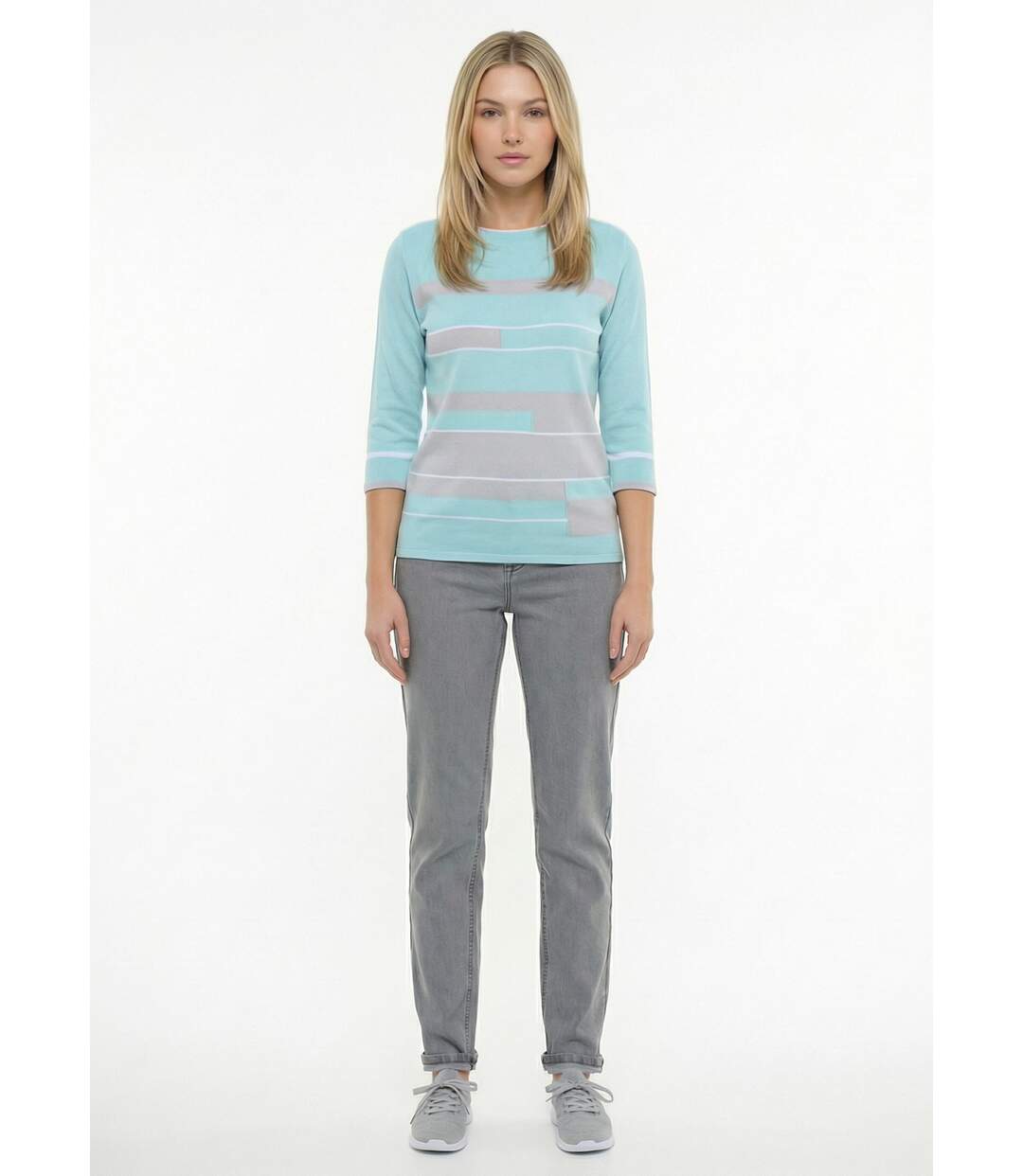 Pull manches 3/4 col bateau jacquard rayé devant-3